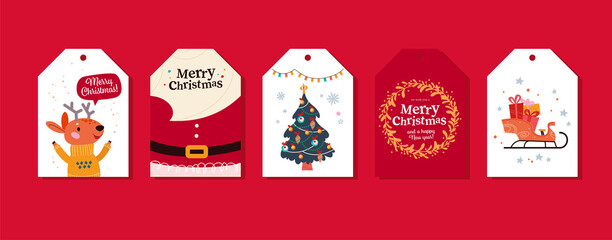 Collection of Merry Christmas congratulation tags and stickers with cute reindeer character, santa beard and costume, xmas tree and sleigh full of gifts isolated. Vector flat cartoon illustration.