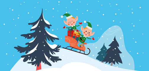 Winter holiday illustration with cute Santa elves characters sledding at snowy mountain landscape. Vector cartoon flat concept. For card, package, banner, invitation.