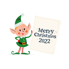 Merry Christmas congratulation banner with funny Santa Claus character and holiday text congratulation isolated. Vector flat cartoon illustration. For card, invitation, web, packaging.
