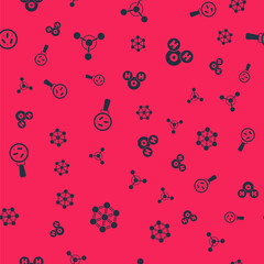 Set Molecule, , Microorganisms under magnifier and Chemical formula for H2O on seamless pattern. Vector