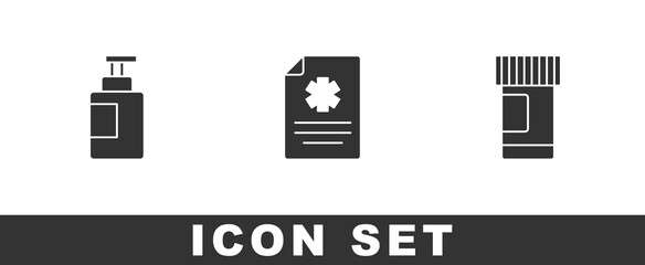 Set Hand sanitizer bottle, Clinical record and Medicine pills icon. Vector