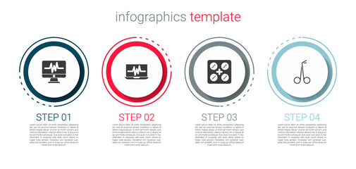Set Monitor with cardiogram, Laptop, Pills in blister pack and Medical scissors. Business infographic template. Vector