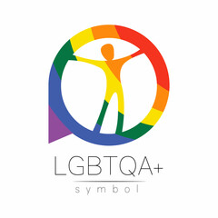 Vector LGBTQA logo symbol. Pride flag background. Icon for gay, lesbian, bisexual, transsexual, queer and ally person. Can be use for sign activism, psychology or counseling. LGBT logotype on white.
