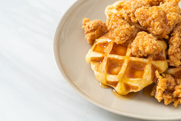 fried chicken waffle with honey or maple syrup