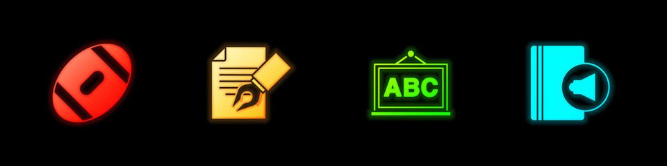 Set American Football ball, Exam sheet and pencil, Chalkboard and Audio book icon. Vector