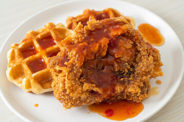 fried chicken with waffle and spicy sauce