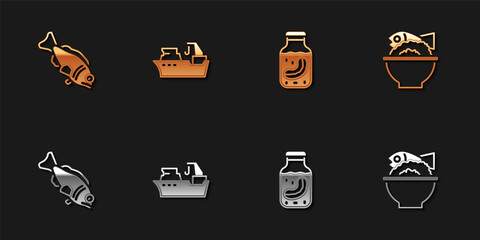 Set Fish, Fishing boat, Sea cucumber jar and Served fish on bowl icon. Vector