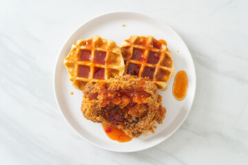 fried chicken with waffle and spicy sauce