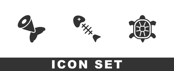 Set Fish tail, skeleton and Turtle icon. Vector