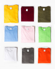 Plain t-shirt mockup template assorted colors. T-shirt isolated on a bright white background. Socks design presentation for printing. Perfect for your ad space. Space for your logo. Focus blur.
