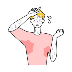 とても汗をかきやすい体質で困っている可愛い男性 大量の止まらない汗 イラスト シンプル ベクター
