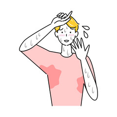 とても汗をかきやすい体質で困っている可愛い男性 大量の止まらない汗 イラスト シンプル ベクター