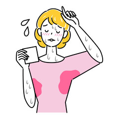 Fototapeta premium とても汗をかきやすい体質で困っている可愛い女性 大量の止まらない汗 イラスト シンプル ベクター