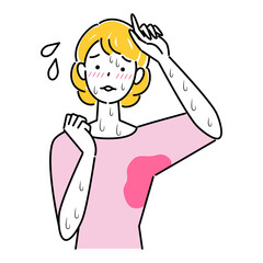 Fototapeta premium とても汗をかきやすい体質で困っている可愛い女性 大量の止まらない汗 イラスト シンプル ベクター