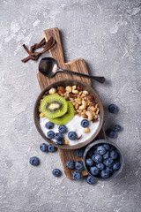 Bowl of healthy breakfast with granola, yogurt, fresh fruits, berries and nuts