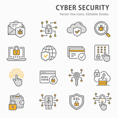 Cyber security icon set. Collection of antivirus firewall, email virus threat, access control and more. Vector illustration. Editable Stroke.