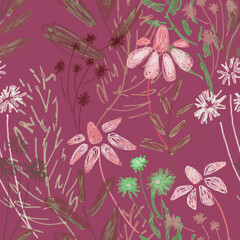 Seamless pattern. Wildflowers. Floral pattern, twigs and flowers, chamomile drawing, paper texture.