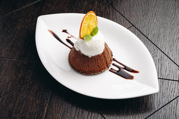 delicious fondant with hot chocolate and ice cream