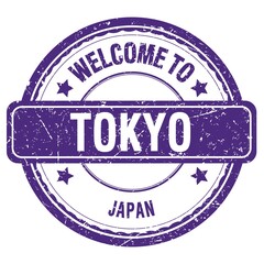 WELCOME TO TOKYO - JAPAN, words written on violet stamp