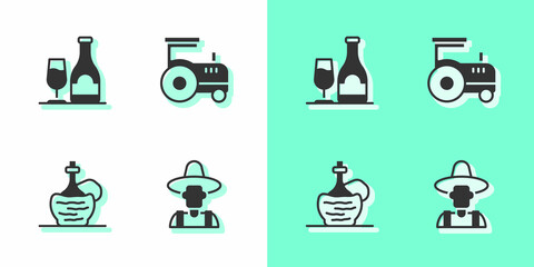 Set Farmer in the hat, Wine bottle with glass, italian fiasco and Tractor icon. Vector