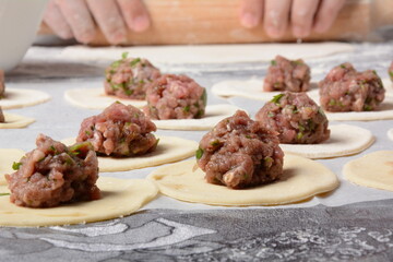 Process of making home-made dumplings, ravioli or pelmeni with minced meat.