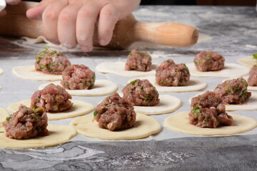 Process of making home-made dumplings, ravioli or pelmeni with minced meat.