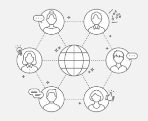 オンラインコミュニティの線画、人々がネットワークを通じてコミュニケーションしている様子