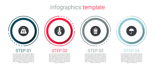 Set Weight, Meteorology thermometer, Trash can and Delivery package with umbrella. Business infographic template. Vector