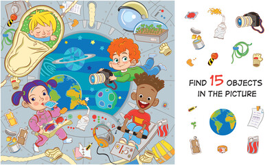 Space adventure. International children's crew on a spaceship in a state of zero gravity eat, sleep, take pictures, exercise. Find 15 objects in the picture. Hidden objects puzzle 