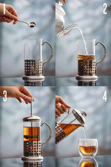 Detail photo of tea making stages: from putting tea leaves into french press and to pouring tea into glass bowl. The press pot is made as glass bulb in stainless body with handle.