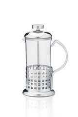 Subject shot of french press made as glass bulb in stainless body with handle and geometric design. Stylish press pot for tea or coffee is isolated on the white background.