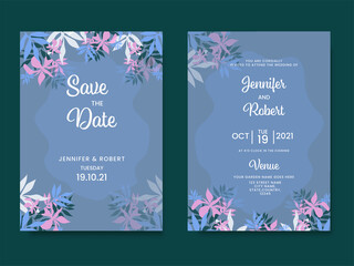 Floral Wedding Invitation Card And Save The Date Template In Blue Color.