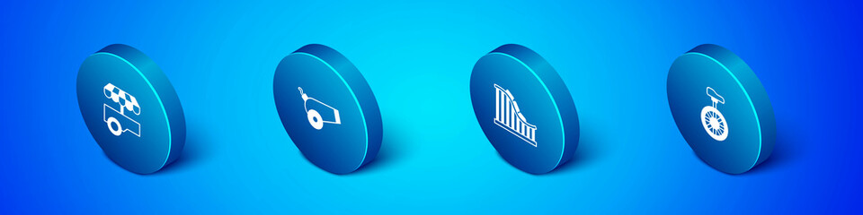 Set Isometric Fast street food cart, Roller coaster, Unicycle or one wheel bicycle and Cannon icon. Vector