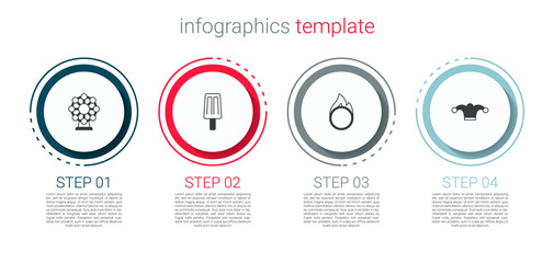 Set Ferris wheel, Ice cream, Circus fire hoop and Jester hat with bells. Business infographic template. Vector