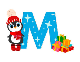 Cute Cartoon christmas penguin with letter M. Perfect for greeting cards, party invitations, posters, stickers, pin, scrapbooking, icons.