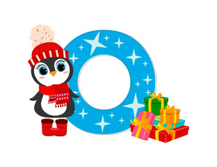 Cute Cartoon christmas penguin with letter O. Perfect for greeting cards, party invitations, posters, stickers, pin, scrapbooking, icons.