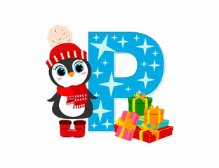 Cute Cartoon christmas penguin with letter P. Perfect for greeting cards, party invitations, posters, stickers, pin, scrapbooking, icons.