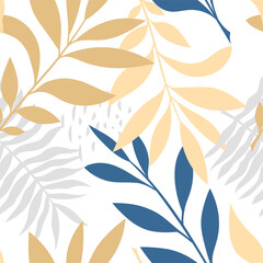Vector seamless pattern with tropical leaves, exotic twigs in blue, nude, gray colors.