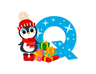 Cute Cartoon christmas penguin with letter Q. Perfect for greeting cards, party invitations, posters, stickers, pin, scrapbooking, icons.