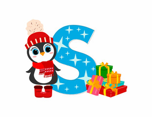 Cute Cartoon christmas penguin with letter S. Perfect for greeting cards, party invitations, posters, stickers, pin, scrapbooking, icons.