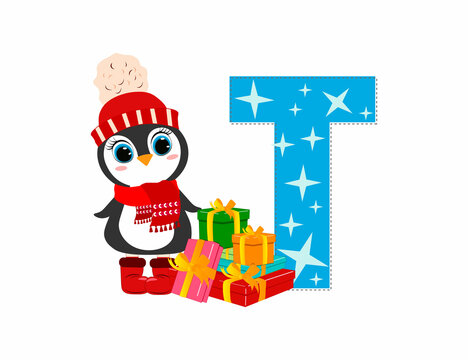 Cute Cartoon christmas penguin with letter T. Perfect for greeting cards, party invitations, posters, stickers, pin, scrapbooking, icons.