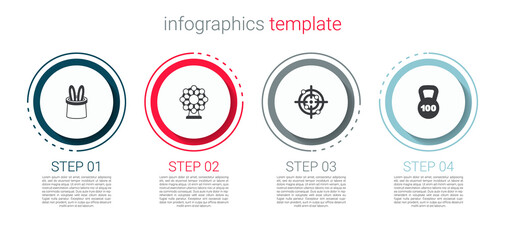 Set Magician hat and rabbit ears, Ferris wheel, Target sport and Weight. Business infographic template. Vector