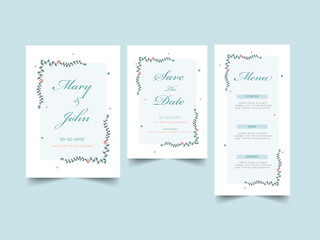 Wedding Invitation Card Like As Save The Date, Menu Template Layout On Blue Background.