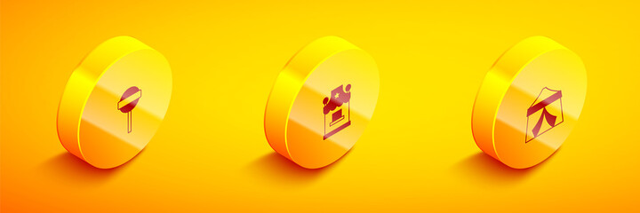 Set Isometric Lollipop, Ticket box office and Circus tent icon. Vector