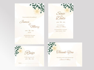 Fototapeta na wymiar Wedding Invitation Suite With Four Options In Yellow And White Color.