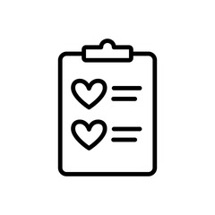 Wish list icon in simple outline design. Wishlist with hearts in clipboard. Vector illustration isolated on white background. Editable stroke.