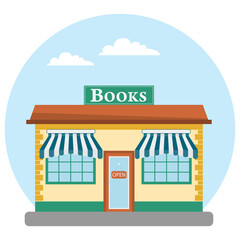 Bookstore, bookstore facade isolated on white background. Vector, cartoon illustration. Vector.