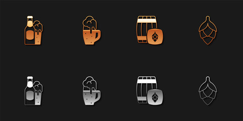 Set Beer bottle and glass, Glass of beer, Wooden barrel and Hop icon. Vector