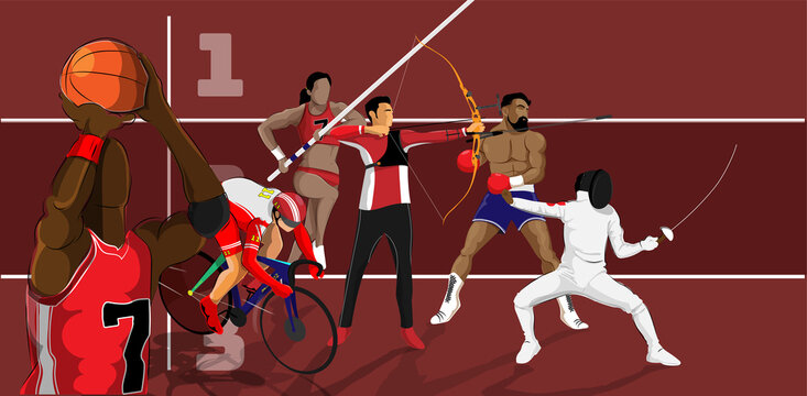 Athletics Of Various Sports Disciplines On Brown Background For Championship Concept.
