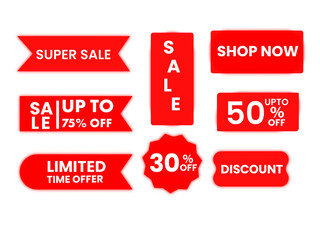 Collection Of Red Sale Bookmark, Stickers With Discount Offer On White Background.
